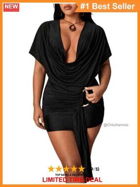 Plus Size Mini Dress Draped Cowl Neck Short Sleeve Bodycon Party Club
